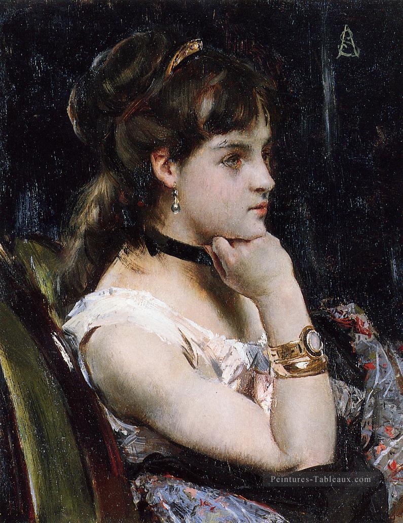 Femme portant un bracelet dame Peintre belge Alfred Stevens Peintures à l'huile